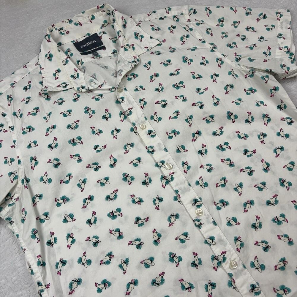 Bonobos Button Up Shirt Men L White Cockatoo Print Short Sleeve Cotton Slim Fit